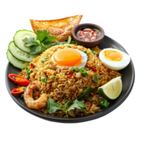Fried rice with egg, shrimp and vegetables on a plate On Transparent Background. png