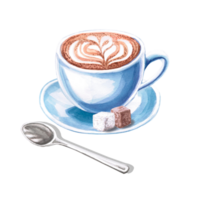 Cappuccino in a ceramic mug on a saucer with sugar and a spoon in a watercolor illustration d. Hand drawn coffee illustration for cafe, menu, cookbooks, coffee brand logo. png