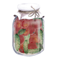 Jar of canned cucumbers and tomatoes in watercolor illustration. Hand drawn illustration of pickled vegetables for cookbooks, recipes and natural products png