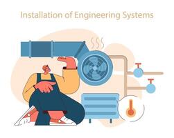 Installation of engineering systems concept. A professional engineer vector
