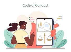 Code of Conduct concept. A person holds a tablet displaying scales of justice. vector