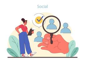 Social factor in PEST analysis. Marketer scrutinizing societal trends with demographic profiling. vector