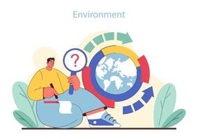 Environmental analysis in PEST framework. Analyst evaluating ecological factors with global implications. vector