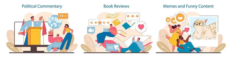 Engaging Social Media Content set. Lively debates, in-depth book reviews, and humorous memes vector