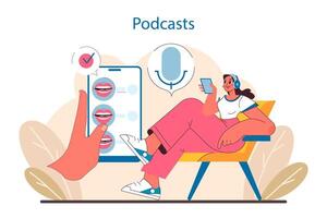 Podcast Enthusiast concept. Engaging in audio storytelling and knowledge sharing. vector