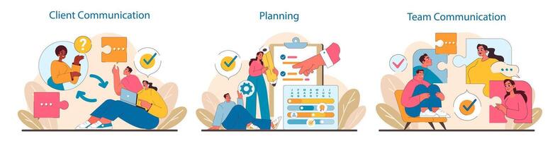 Client and team interaction set. Dynamic exchange with clients, project planning, and internal communication. vector