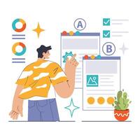 Marketer demonstrates A B Testing on dual web layouts vector