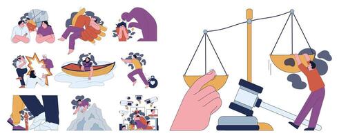 Human fears set. Scared characters confronting personal inadequacies vector