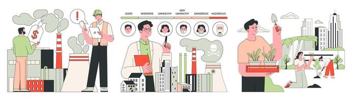 Air quality awareness set. Air quality index and pollution monitoring. Air purifiers vector