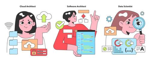 Colorful trio showcasing IT specialists in action. a Cloud Architect orchestrating the sky of servers, a Software Architect structuring code, and a Data Scientist analyzing patterns vector