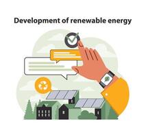 Hand points to dialogue on renewable energy development. Flat illustration. vector