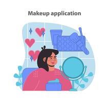 Makeup application tutorial. A cheerful woman engages with various cosmetics. vector