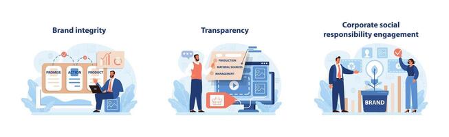 Brand Authenticity Set. A visual trio depicting brand integrity, transparency in operations. vector