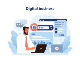 Digital Business concept. Man engages with online analytics and marketing data. vector