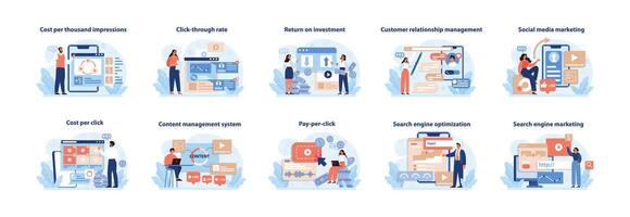 Online Advertising Metrics Set. A detailed visual series displaying key metrics. vector