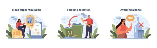 Healthy Life actions set. Visual guide to managing blood sugar, quitting smoking. vector