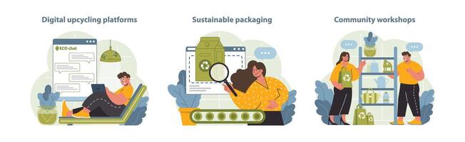 Upcycling Digital Platforms and Workshops Set. A vibrant depiction of the upcycling movement. vector