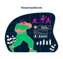 Virtual martial arts. Train with virtual masters in dynamic combat sessions. vector