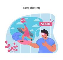 Embark on a fitness adventure with our game element-infused VR workout. vector