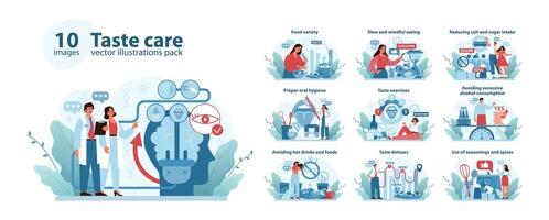 Taste Care Concept set. A comprehensive guide to maintaining taste health, featuring dietary variety. vector