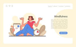 Digital detox web or landing set. Characters practicing mindfulness, vector