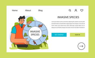 Researcher with a wheel of various invasive species web banner or landing vector