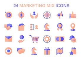 Marketing Mix icon set. Symbols represent strategic components like targeting, global reach, and customer service. vector