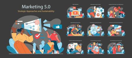 Marketing 5.0 set. Modern strategies in digital advertising, content creation, and customer engagement. vector