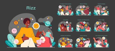 Rizz concept set. Expressive scenes of social interaction and self-presentation. vector
