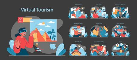 Virtual Tourism set. Exploring ancient wonders to modern cities via immersive tech. vector