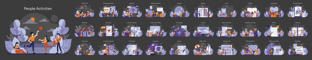 A diverse collection captures individuals and families immersed in hobbies and tasks vector