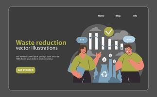 Waste reduction strategy visual. Professionals analyzing and celebrating vector