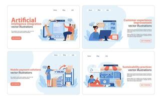 Retail Tech Illustration Set. Insightful AI integration, customer experience. vector