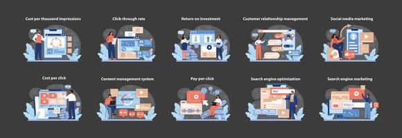 Online Advertising Metrics Set. A detailed visual series displaying key metrics. vector