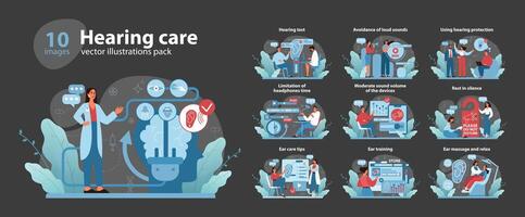 Hearing Care Concept set . Comprehensive illustrations depicting various aspects of auditory health. vector