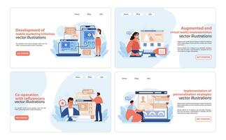 Digital Marketing Strategy Set. Detailed illustrations depicting mobile marketing, AR and VR application. vector