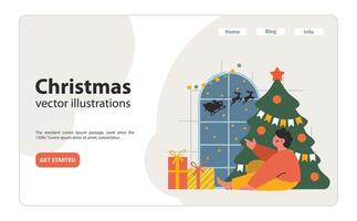 Christmas and new year celebration web banner or landing page. Little boy vector