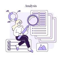 A focused woman examines data with a magnifying glass, symbolizing detailed analysis and critical thinking in problem-solving vector