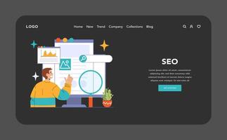 SEO dark or night mode web, landing. Enthusiastic man analyzing website vector