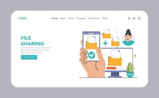 File Sharing web or landing. Hand holding a phone with transferred documents vector