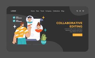 Collaborative editing dark or night mode web, landing. Team members vector