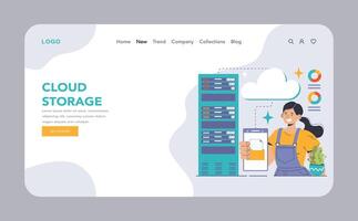 Cloud Storage web or landing. Enthusiastic woman uploading files from vector