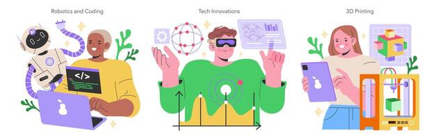 Maker Culture concept Enthusiasts delve into robotics, breakthrough technologies, and the marvels of 3D printing Future shapers in a digital world illustration vector