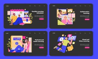 Digital Learning interface set Harnessing technology for education with online courses, e-books, digital platforms, and social media Streamlined learning for diverse needs illustration vector