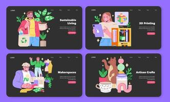 Maker Culture concept Dynamic scenes of sustainable living, 3D printing innovation, and the warmth of makerspaces and artisan crafts illustration capturing the essence of DIY spirit vector