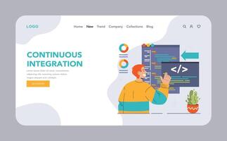 DevOps web banner or landing page. Software development methodology vector