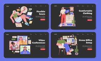 Working from Home illustration A quartet of vibrant panels illustrating the new norm. flexible scheduling, cozy attire, digital meetings, and tailored home office spaces illustration vector