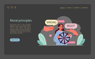 Moral Principles concept. A character navigates right and wrong with a moral compass. vector