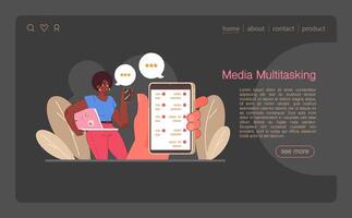 Digital multitasking web banner or landing page dark or night mode vector