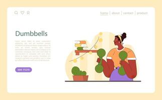 Dumbbells exercise illustration. A woman with dumbbells in hand engages in strength training at home. vector
